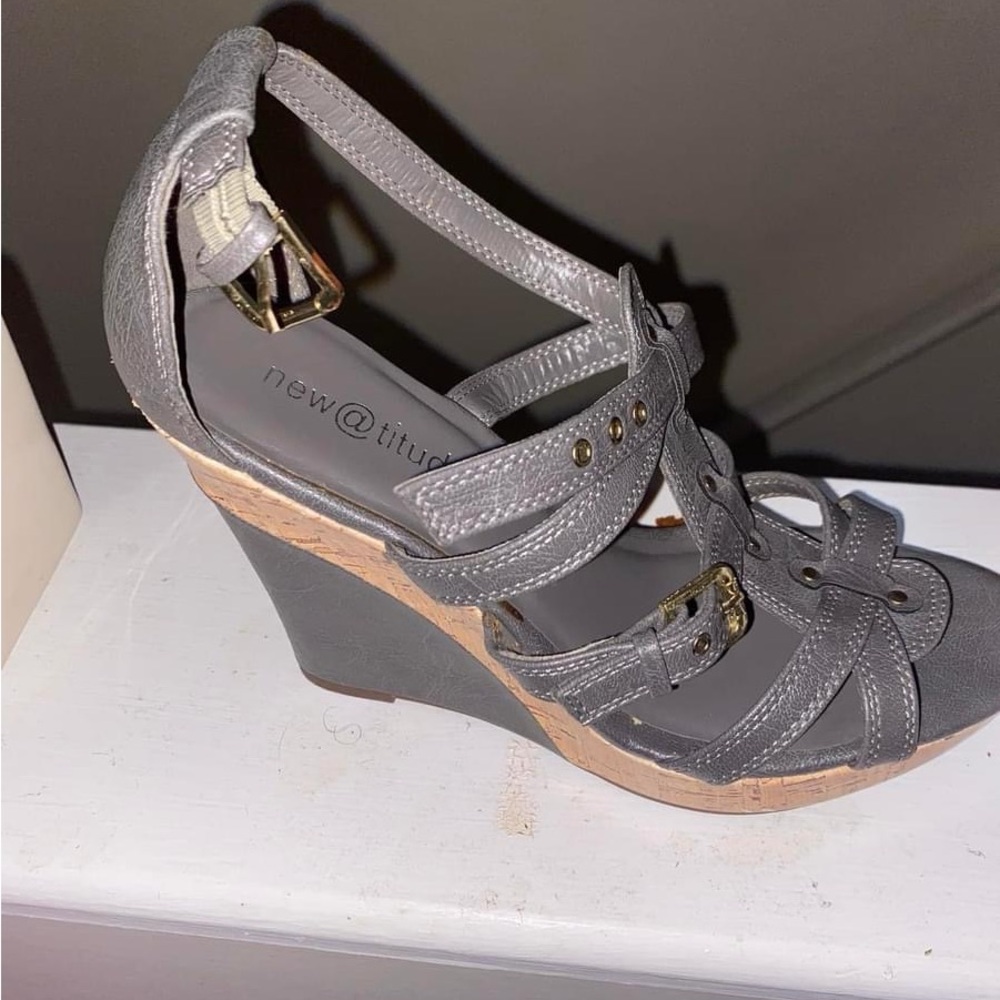 Grey ankle strap wedge